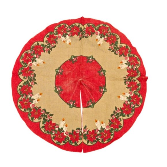 Vintage Scandinavian Christmas Tree Skirt Burlap Jute Poinsettia Candle 48" - Picture 1 of 6